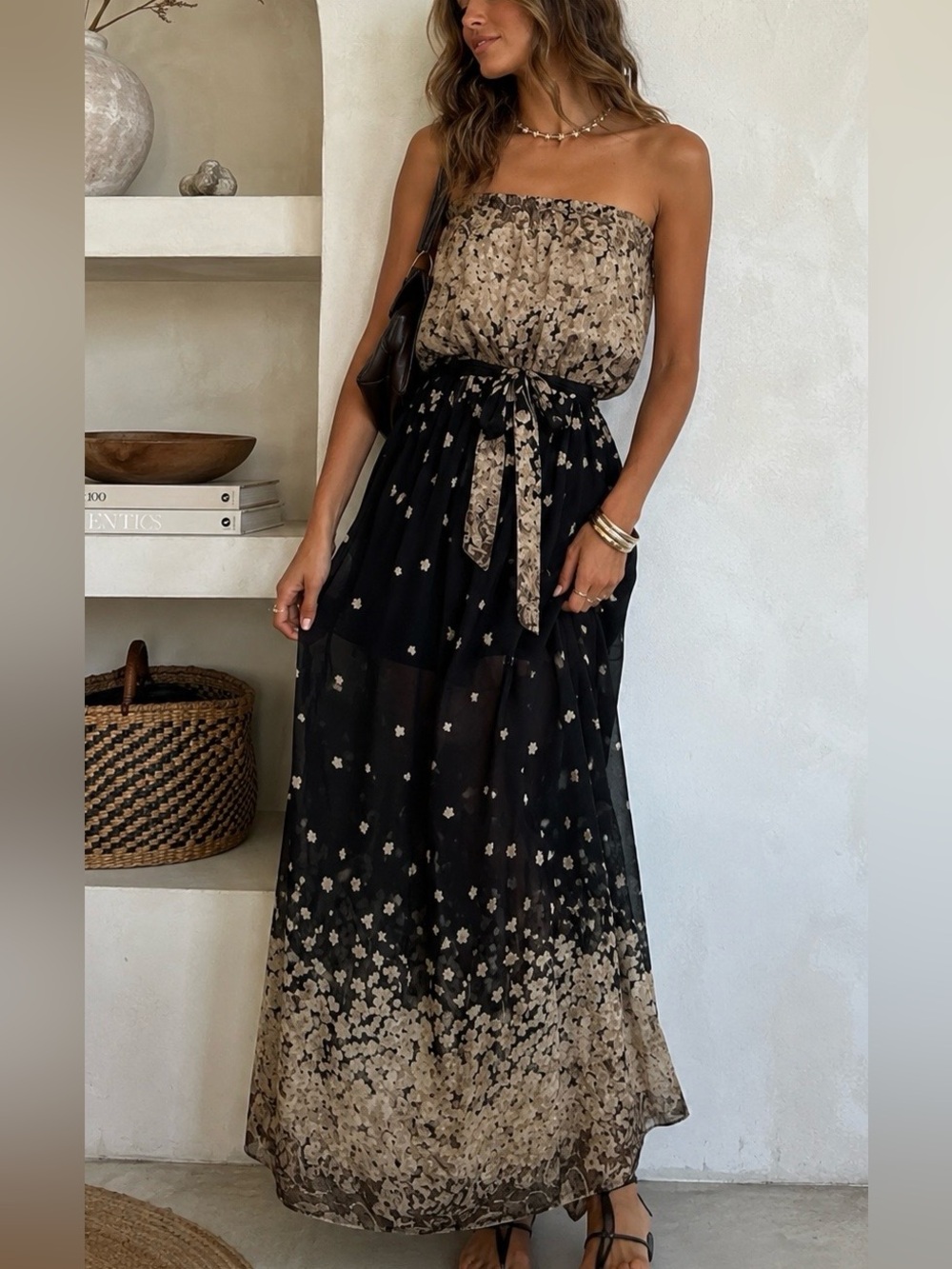 Umgee Strapless Maxi Dress Black/Tan Beachy Boho Festival | Medium